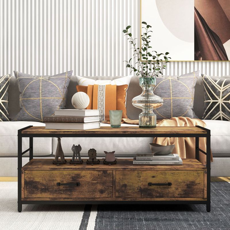 Tangkula Coffee Table w/ Storage Drawers & Shelf Rectangular Industrial Home Tea Table Heavy-duty Metal Frame Center Cocktail Table, 3 of 8