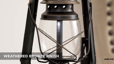 Weathered Bronze Industrial Lantern Table Lamp with Oatmeal Shade