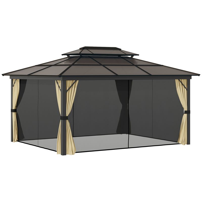 Outsunny 11x15 Hardtop Gazebo with Aluminum Frame, Polycarbonate Gazebo Canopy with Ceiling Hooks, Curtains and Netting, Beige, 4 of 7