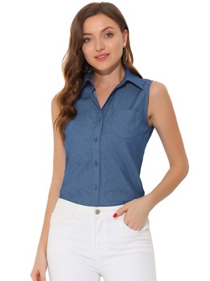 Allegra K Women's Sleeveless Lapel V Neck Button Down Chambray Shirt