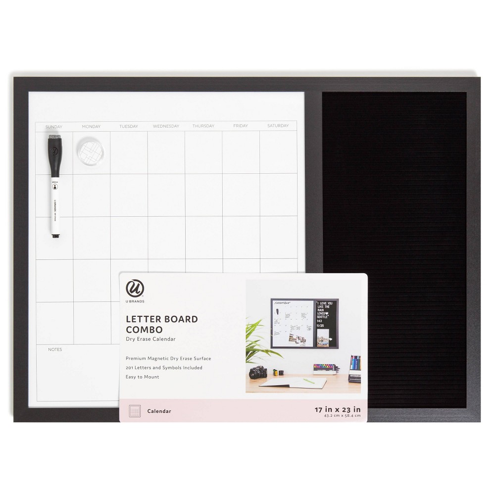 U Brands 17''x23'' Wood Frame Dry Erase Calendar and Letter Board Combo Black