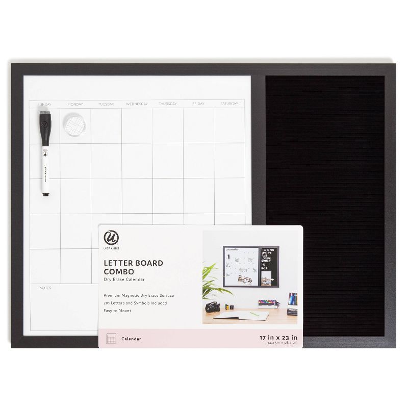 U Brands 17&#39;&#39;x 23&#39;&#39; Wood Frame Dry Erase Calendar and Letter Board Combo Black, 1 of 9