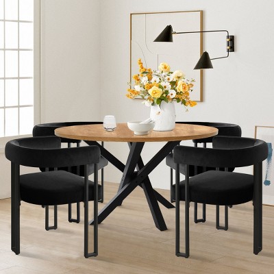 5-Piece Dining Set for 4 Round Dining Table with Velvet Upholstered Chairs and Crossed Metal Legs For Dining Room, Living Room, Farmhouse-Tanpinhause