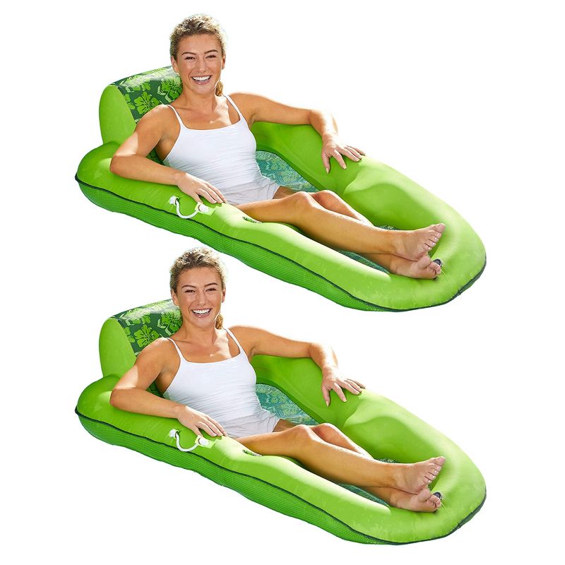 Aqua Leisure Luxury Water Recliner Inflatable Pool Float Comfort Lounge Chairs with Headrest, Handles, and Drink Holder, Lime Floral (2 Pack), 1 of 5