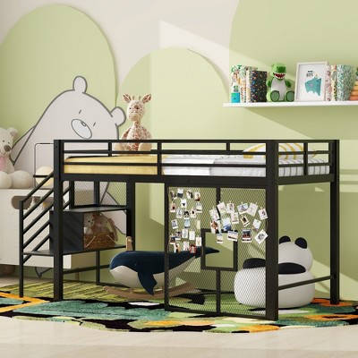 Twin Size Metal Loft Bed with Storage Staircase and Iron Mesh
