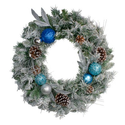 Northlight 24" Unlit Teal/Silver Ornaments Artificial Flocked Pine Christmas Wreath