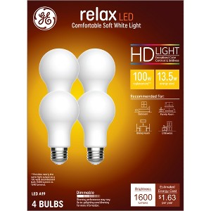 GE 4pk 100W Relax A19 LED Light Bulbs Soft White: Dimmable, Energy Star Certified, 1600 Lumens, E26 Base, 13.7-Year Life - 1 of 4