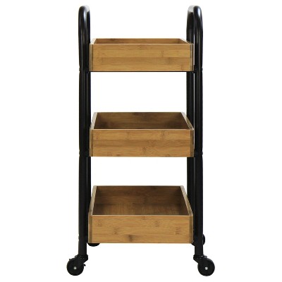 Black and Natural Bamboo 3-Tier Portable Storage Cart