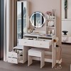 LED Vanity Table Set with Mirror Cabinet & Cushioned Stool, Modern MDF Makeup Desk with Power Outlets and Storage Shelves-Cuddlewood - 2 of 4
