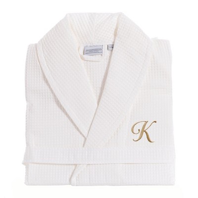 Linum Home Textiles 100% Turkish Cotton Unisex Personalized Waffle Weave White Bathrobe in Gold Script Font