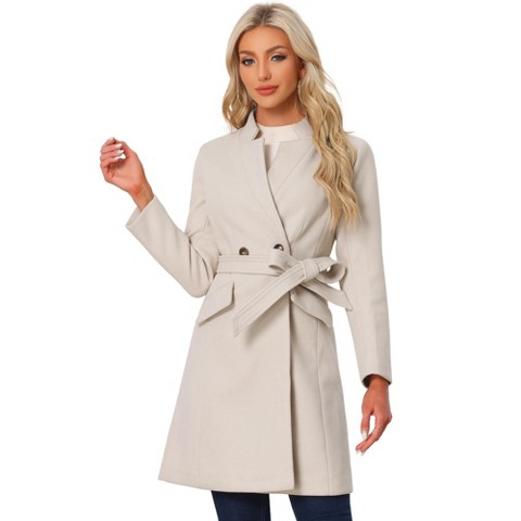 INSPIRE CHIC Women's Vintage Belted Stand Collar Winter Mid-Long Outwear Coats Beige Large