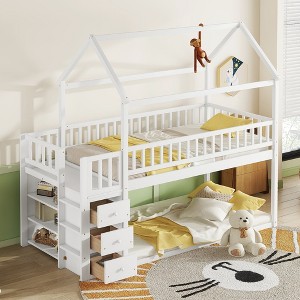 Whisen Twin Over Twin House-shaped Bunk Bed with Shelves, Drawers and Fence Guardrails - 1 of 4