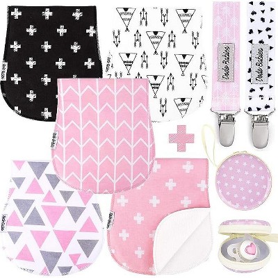 Image of Dodo Babies 5-Pack Baby Burp Cloth with 2 Pacifier Clips and 1 Case - Pink, Grey and Black