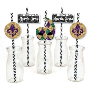 Big Dot of Happiness Mardi Gras Paper Straw Decor - Masquerade Party Striped Decorative Straws - Set of 24 - 1 of 4