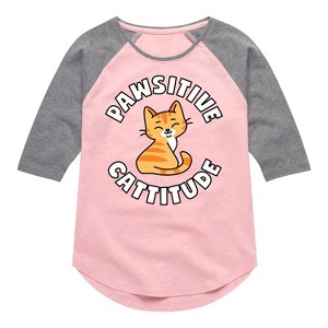 Girls' - Instant Message - Pawsitive Cattitude Shirt Tail Raglan Graphic T-shirt - 1 of 4