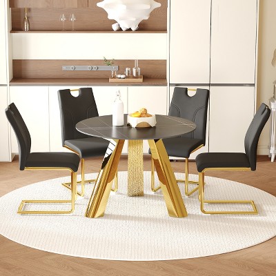 FURNIinspire Dining Sets Dining Table Set For 4, 42" Round Black Dining Table And 4 Black Dining Chairs With Golden Stainless Steels Legs