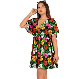 LA LEELA Women's Beachwear Summer Swim Beach Dress Cover Ups for Swimwear Women Short Fall Swimsuit Coverups for Women Tops XL-XXL Black Floral - 1 of 4