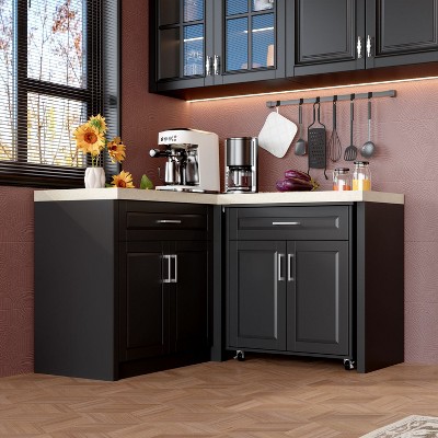 Homsee Corner Kitchen Island Cabinet with Storage - Black Finish Light ...