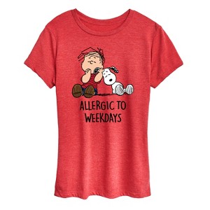 Women's - Peanuts - Allergic To Weekdays Snoopy and Linus Short Sleeve Graphic T-Shirt - 1 of 4