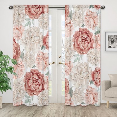 Ivory and Pink Floral Sheer Rod Pocket Curtain Panels for Kids