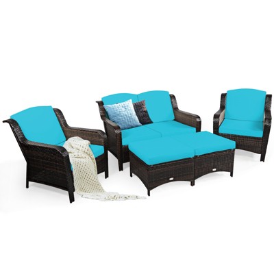 Turquoise Cushioned 5-Piece Rattan Patio Sofa Set