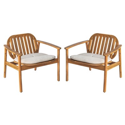 Outdoor Club Chairs Set of 2, Slatted Back Armchairs with Cushion, Natural Acacia and Eucalyptus Frame for Patio, Garden Lounge-The Pop Home