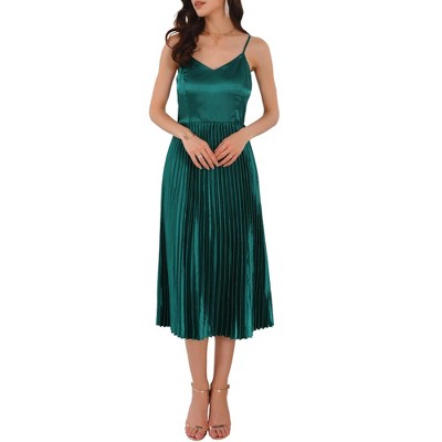 INSPIRE CHIC Women's Satin Spaghetti Strap V-Neck Pleated  Party Cocktail Midi Dress