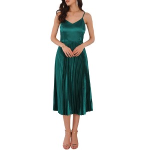 INSPIRE CHIC Women's Satin Spaghetti Strap V-Neck Pleated  Party Cocktail Midi Dress - 1 of 4