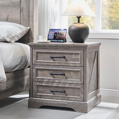 SinCiDo 24" Wide Farmhouse Nightstand with Charging Station & 3 Drawers & Handles, End Table for Bedroom, Living Room