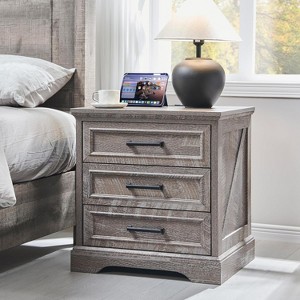 SinCiDo 24" Wide Farmhouse Nightstand with Charging Station & 3 Drawers & Handles, End Table for Bedroom, Living Room - 1 of 4