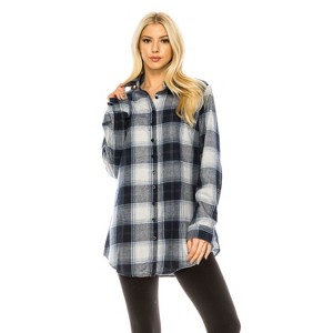 Haute Edition | Women's Long Sleeve Tunic Length Plaid Button Down Shirt - 1 of 3