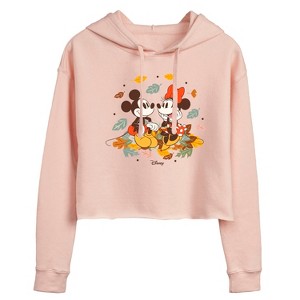 Women's - Disney - Mickey Minnie Leaf Pile Cropped Graphic Hoodie - 1 of 3