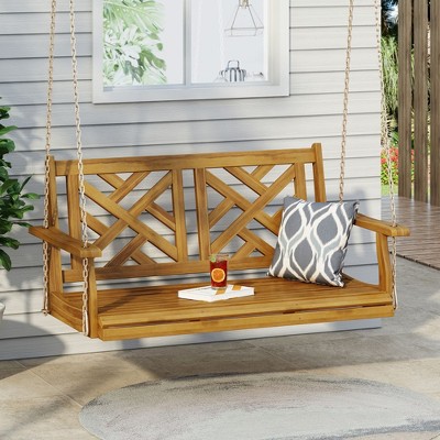 Outdoor Porch Swing Chair, Acacia Wood Swing Chair Bench With Hanging Chain, Outdoor Patio Hanging Bench Chair Furniture
