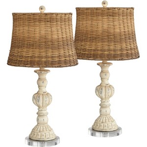 John Timberland Trinidad Rustic Farmhouse Table Lamps Set of 2 with Round Riser 27 1/2" Tall Antique White Rattan Drum Shade for Bedroom Living Room - 1 of 4