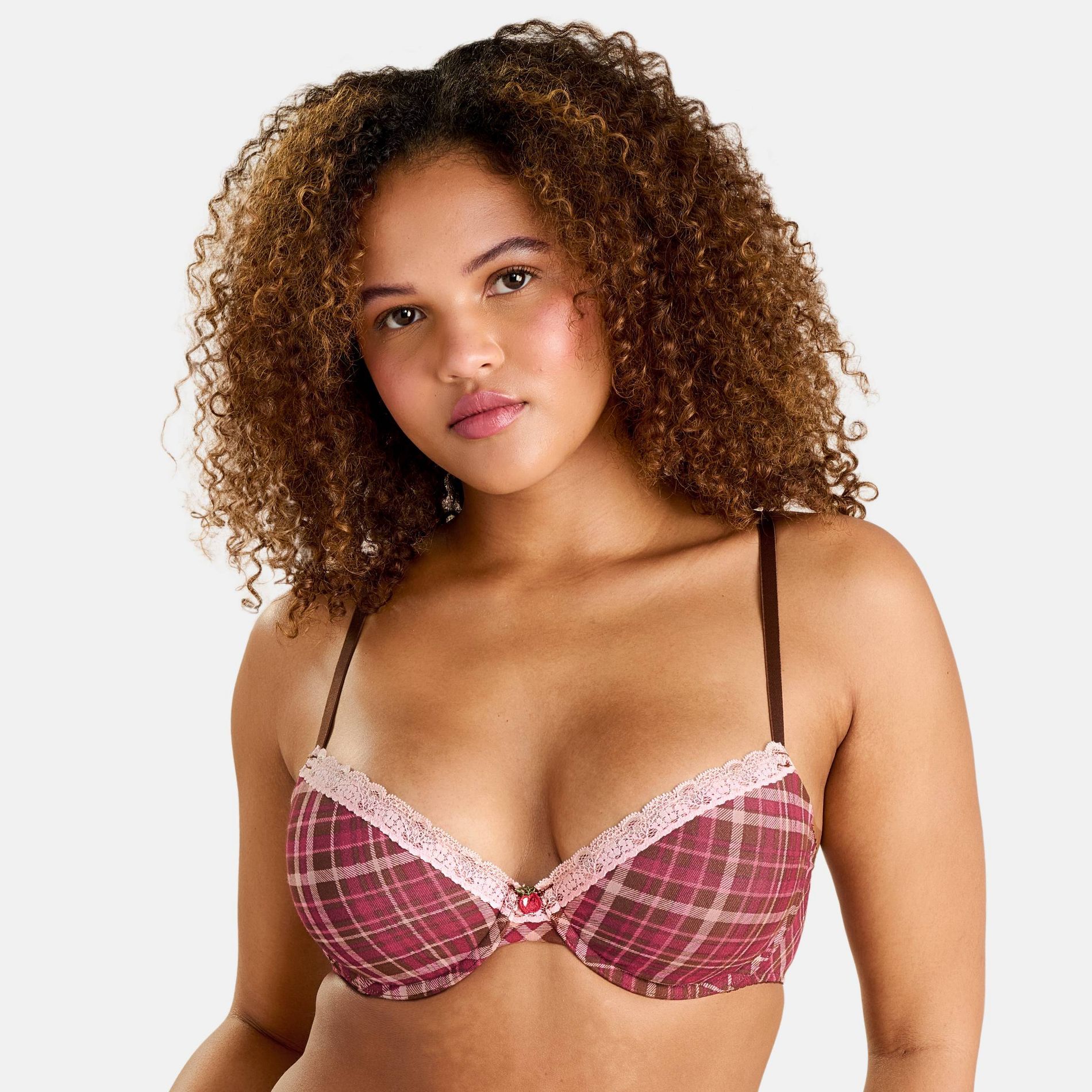 Fruit of the Loom Women's Fresh Cotton Push-Up Bra - Brown/Pink Plaid M