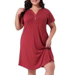 Agnes Orinda Women's Plus Size V Neck Button Ruffle Short Sleeve Midi Length Nightgowns - 1 of 4