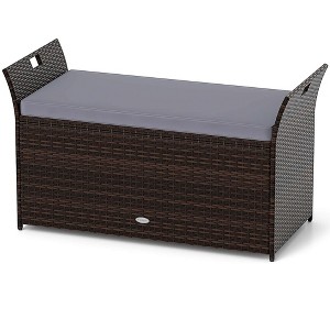 Costway Outdoor Bench with Hand-woven PE Rattan Wicker Cushion & Side Handles Storage Gray/Brown - 1 of 4