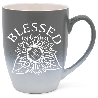 Elanze Designs Blessed Sunflower Two Toned Ombre Matte Grey and White 12 ounce Ceramic Stoneware Coffee Cup Mug