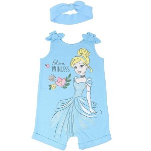 Disney Princess Rapunzel Ariel Belle Jasmine Aurora Baby Girls Snap Romper and Headband Newborn to Toddler - 1 of 4