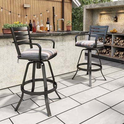 Black Cast Aluminum Swivel Bar Stools with Blue Cushions, Set of 2