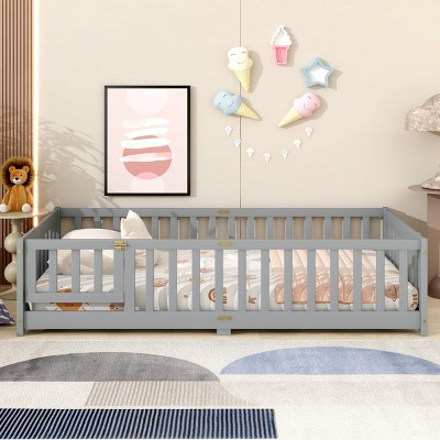 Twin Floor Bed with Fence and Door, Wood Montessori Toddler Bed for Kids, Low Platform Safety Guardrails for Transition-Baofuwish