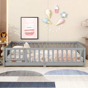 Twin Floor Bed with Fence and Door, Wood Montessori Toddler Bed for Kids, Low Platform Safety Guardrails for Transition-Baofuwish - 1 of 4