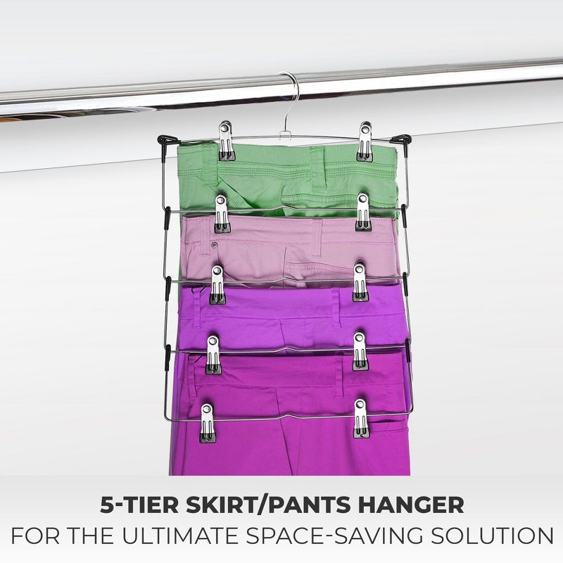OSTO 5 Tier Metal Pant Hangers with Adjustable Anti-Slip Clips; Anti-Rust Chrome Foldable Hanger for Pants, Skirts, Shorts, Etc., 2 of 5