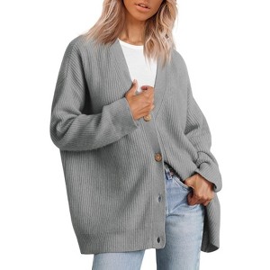 Women's Cardigan Sweaters Open Front Oversized Button V Neck Loose Soft Knit Outwear - 1 of 4