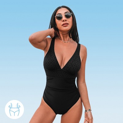 Women's Black Jacquard Plunging Tummy Control One-Piece Swimsuit - Cupshe