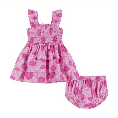 Image of Andy & Evan Infant  Girls Floral Tiered Midi Dress Pink, Size 6-9 Months.