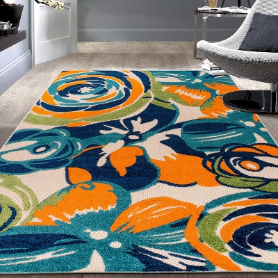 Multi Floral Synthetic 5' x 7' Stain-Resistant Area Rug