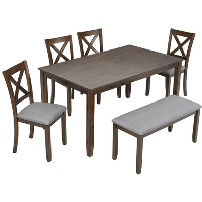 NicBex 6-Piece Dining Table Set for 4-6 Person,Modern 58.5 Inch Rectangle Kitchen Table with 4 Upholstered Dining Chairs,Long Bench,Wood Legs