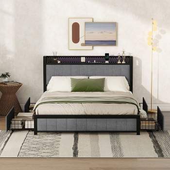 LED Bed Frame Queen,Metal Bed Frame Queen,Queen Size Bed Frame With Headboard And Storage,Bed Frame With Charging Ports-Cuddlewood
