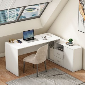 FUFU&GAGA White L-Shaped Corner Computer Desk PC Table Shelf Drawer - 1 of 4